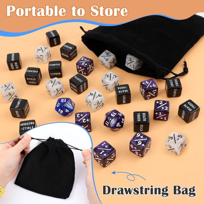 Anglekai 50PCS MTG Dice Counters, 24PCS Abilities Keywords/ 24P -1/+1 Buff Tokens/ 2P D20 Cube Dices/Storage Bag, MTG Counters for TCG Card Games - Image 5